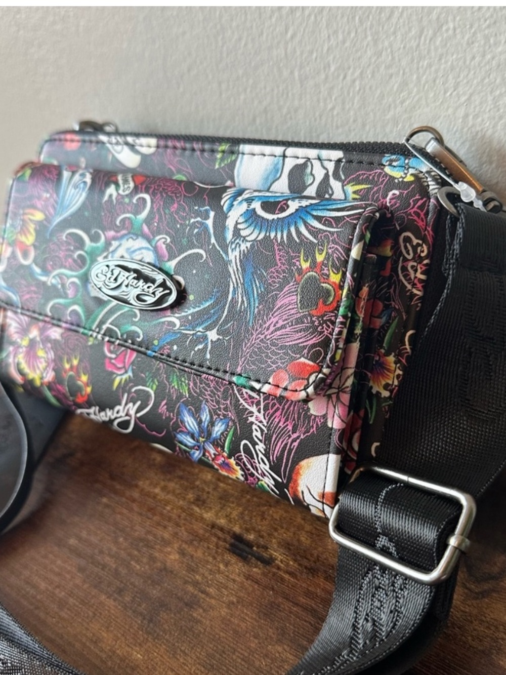 Ed Hardy Black Multicolor Tattoo-Print Crossbody Wristlet - Picture 2 of 5